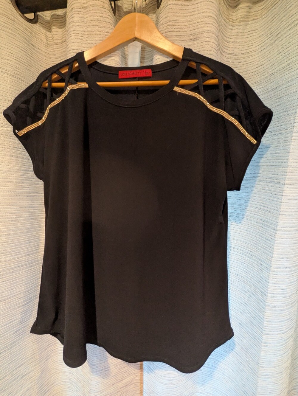 Love Scarlett Navy Short Sleeve Top with Rhinestone Trim - L